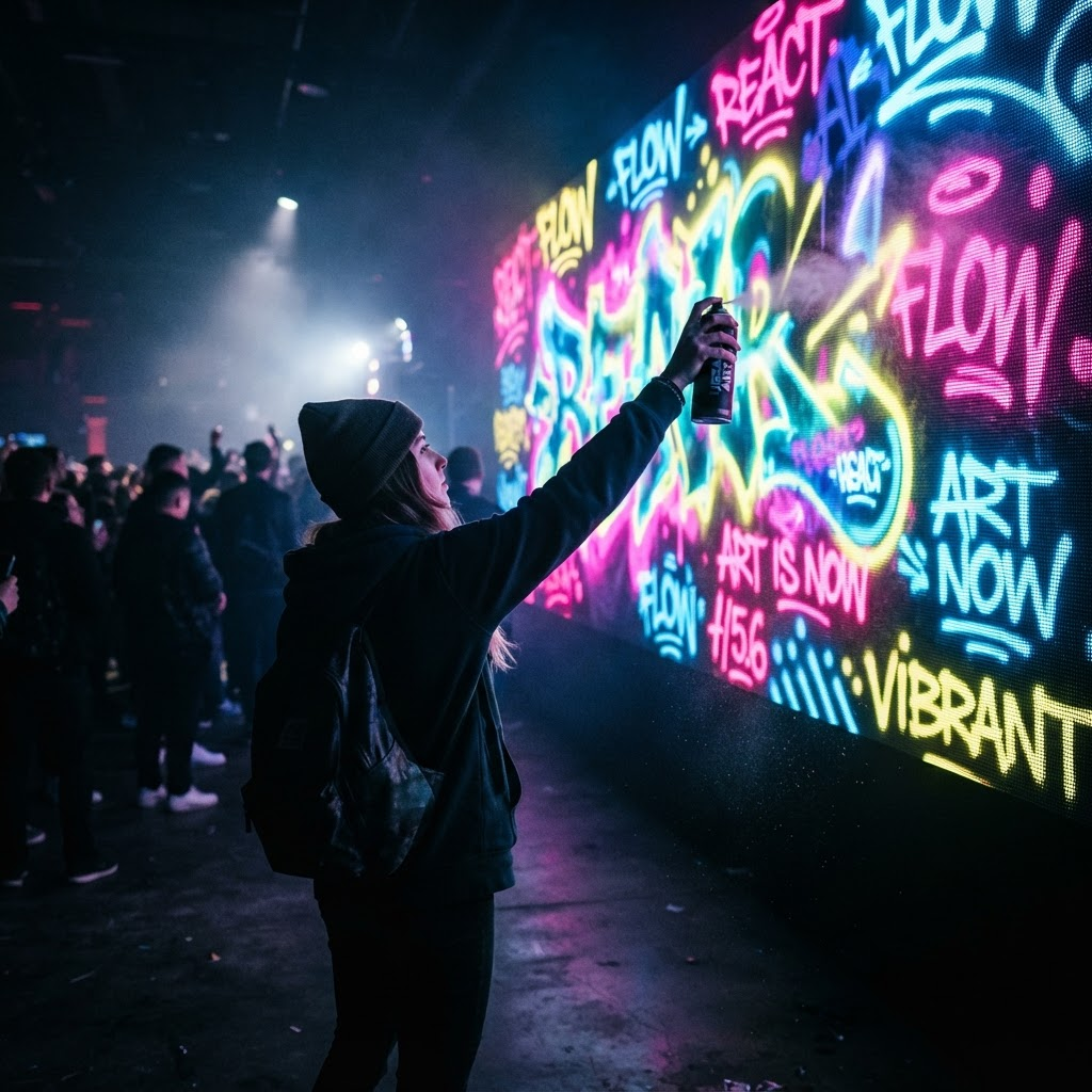 Host se sprejem tvoří digitální graffiti na velké LED stěně během akce